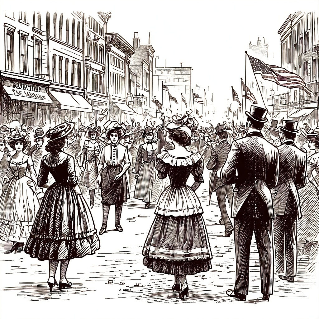 People in a 19th century American city celebrating peace after war People in a 19th century American city celebrating peace after war
